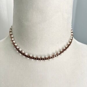 Guess White Bead and Gold Tone Chain Trendy Choker Necklace